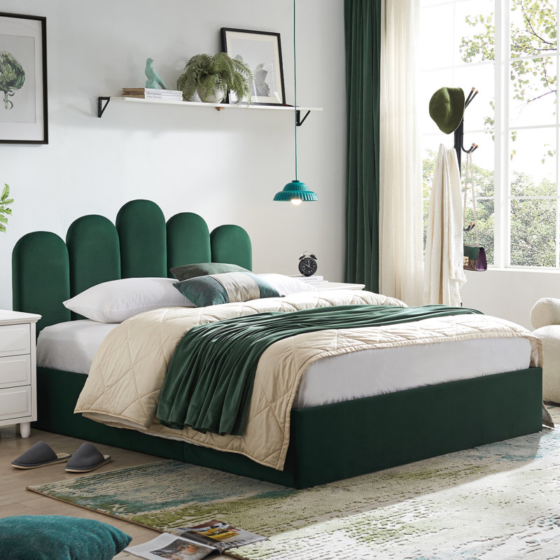 Zuhaira Stylish Velvet Upholstered Platform Bed with Hydraulic Lift-Up  Storage – Full & Queen Sizes, Multiple Colors Queen Green